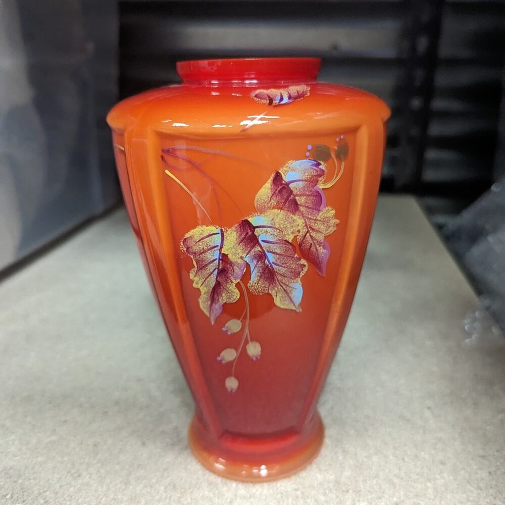 Fenton Persimmon Overlay Autumn Leaves HP Panel Vase